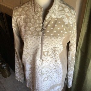 Susan graver half zip printed tan top